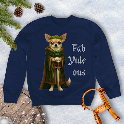 Navy Blue sweatshirt with a Norse Shieldmaiden Chihuahua dog illustration and 'Fab Yule ous' cross stitch looking white text.