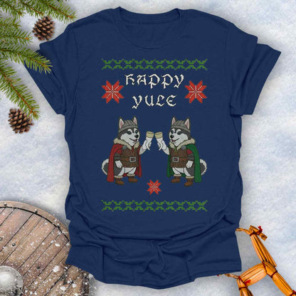 Navy Blue T-Shirt Christmas sweater style and Nordic pattern with Viking Huskies Graphic. Text 'Happy Yule'.