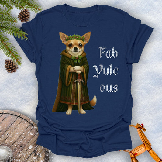 Navy blue t-shirt with a Viking Chihuahua dog in a robe and sword graphic and 'Fab Yule ous' text, surrounded by Christmas decorations.