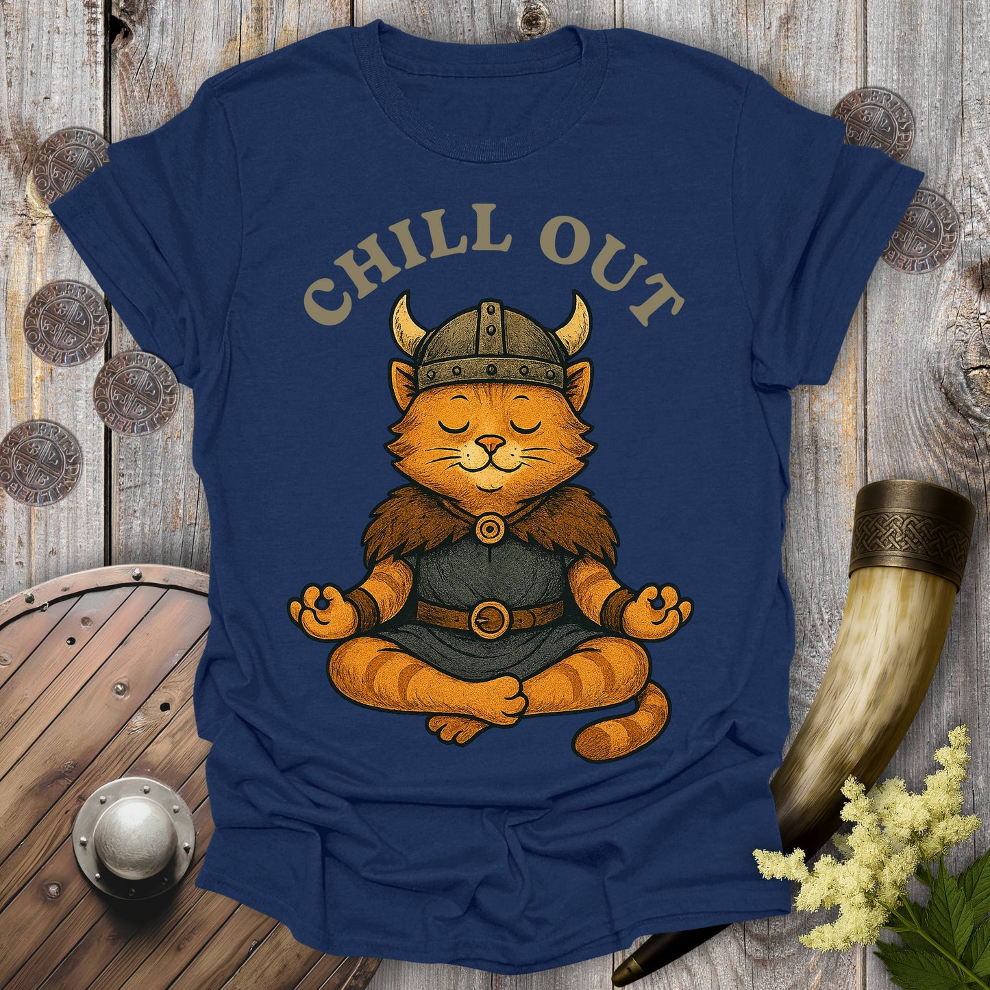 Navy Blue t-shirt with a orange tabby cat wearing a Viking helmet meditating and 'Chill Out' text.