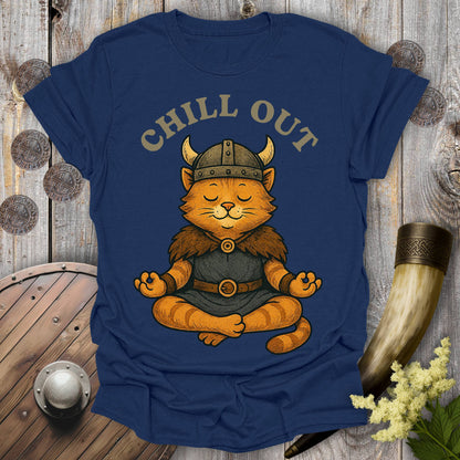Navy Blue t-shirt with a orange tabby cat wearing a Viking helmet meditating and 'Chill Out' text.