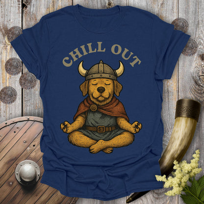 Navy Blue t-shirt with a Viking dog wearing a Viking helmet meditating and 'Chill Out' text.