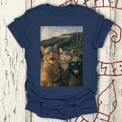 Viking Cats Retro Selfie Photo Style - Hollywood Sign T-shirt NEW!