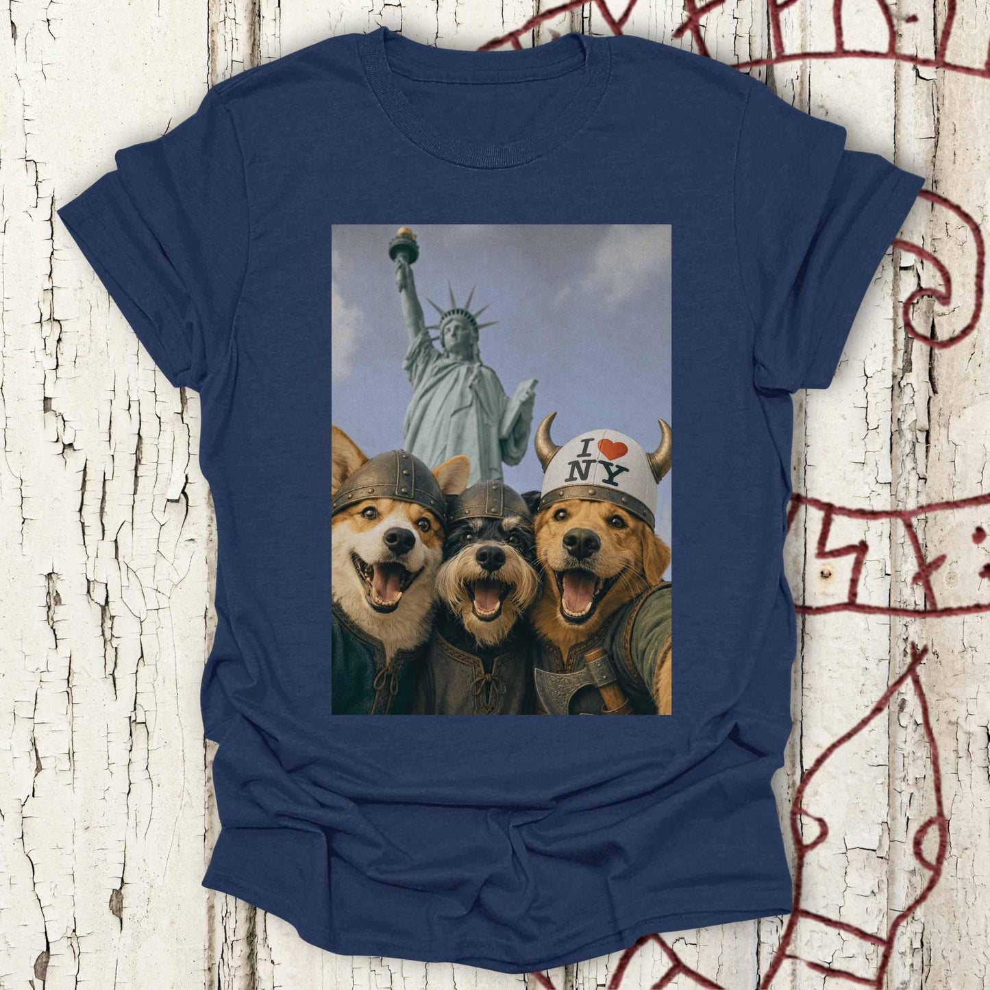 Viking Dogs Retro Selfie Photo Style - Statue of Liberty (I Love NY) T-shirt