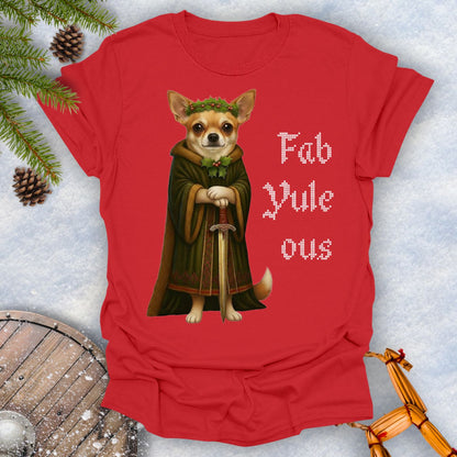 Red t-shirt with a Viking Chihuahua dog in a robe and sword graphic and 'Fab Yule ous' text, surrounded by Christmas decorations.