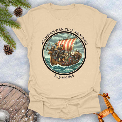 Beige t-shirt with Viking ship with dogs graphic and text Scandinavian Yule Shopping England 865.