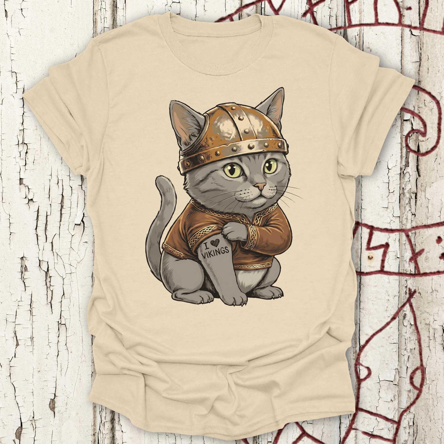 Viking Cat with Tattoo "I Love Vikings" - T-shirt NEW!