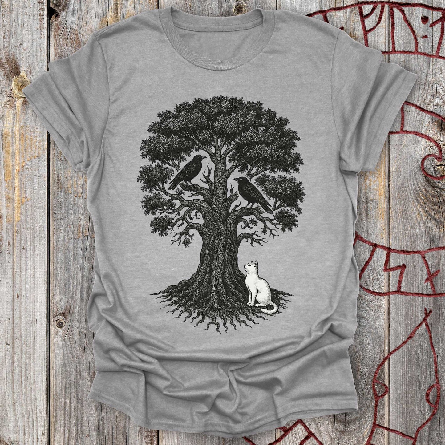 Yggdrasil, the Cat & the Ravens - Norse World Tree T-Shirt