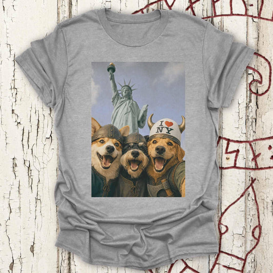 Viking Dogs Retro Selfie Photo Style - Statue of Liberty (I Love NY) T-shirt NEW!