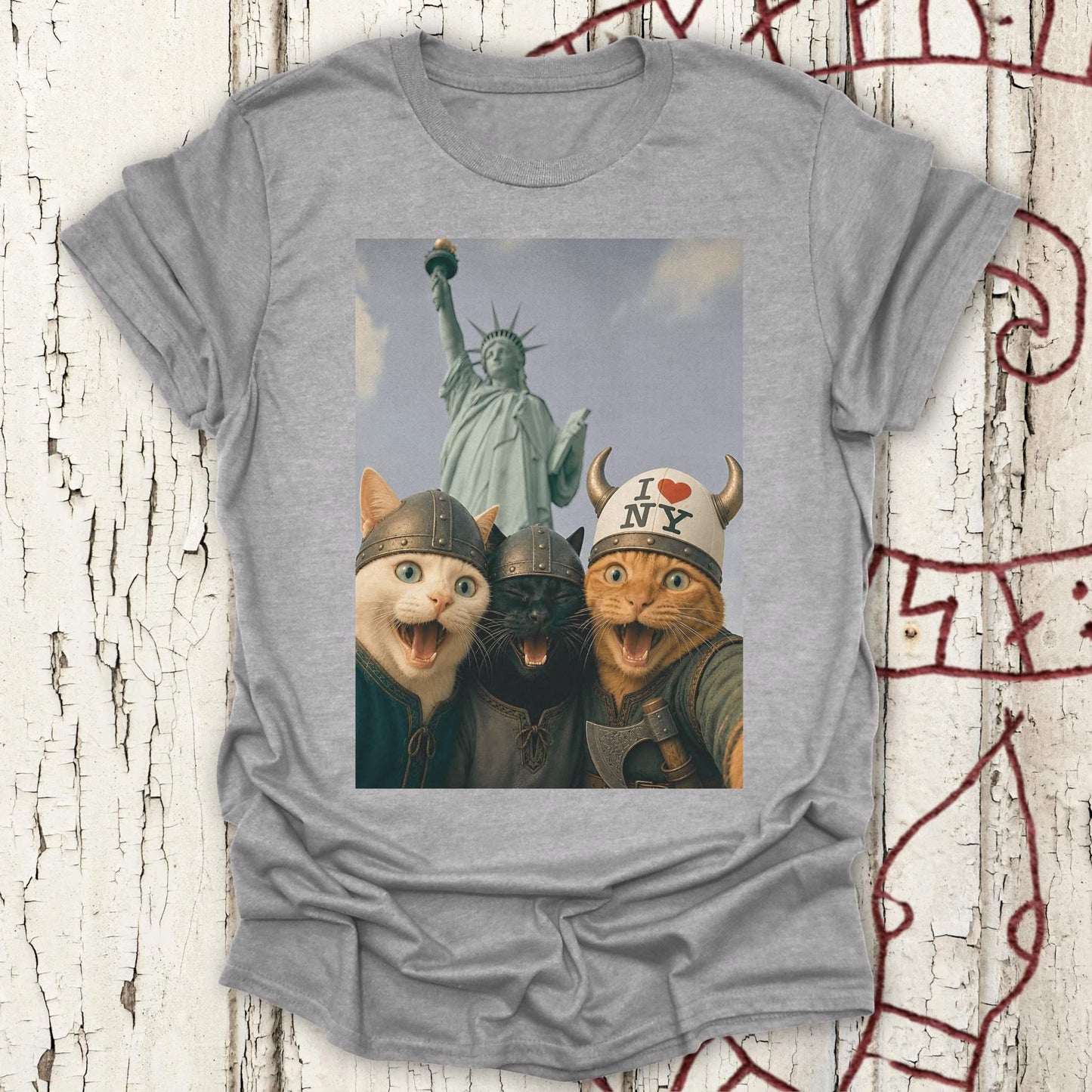 Viking Cats Retro Selfie Photo Style - Statue of Liberty (I Love NY) T-shirt