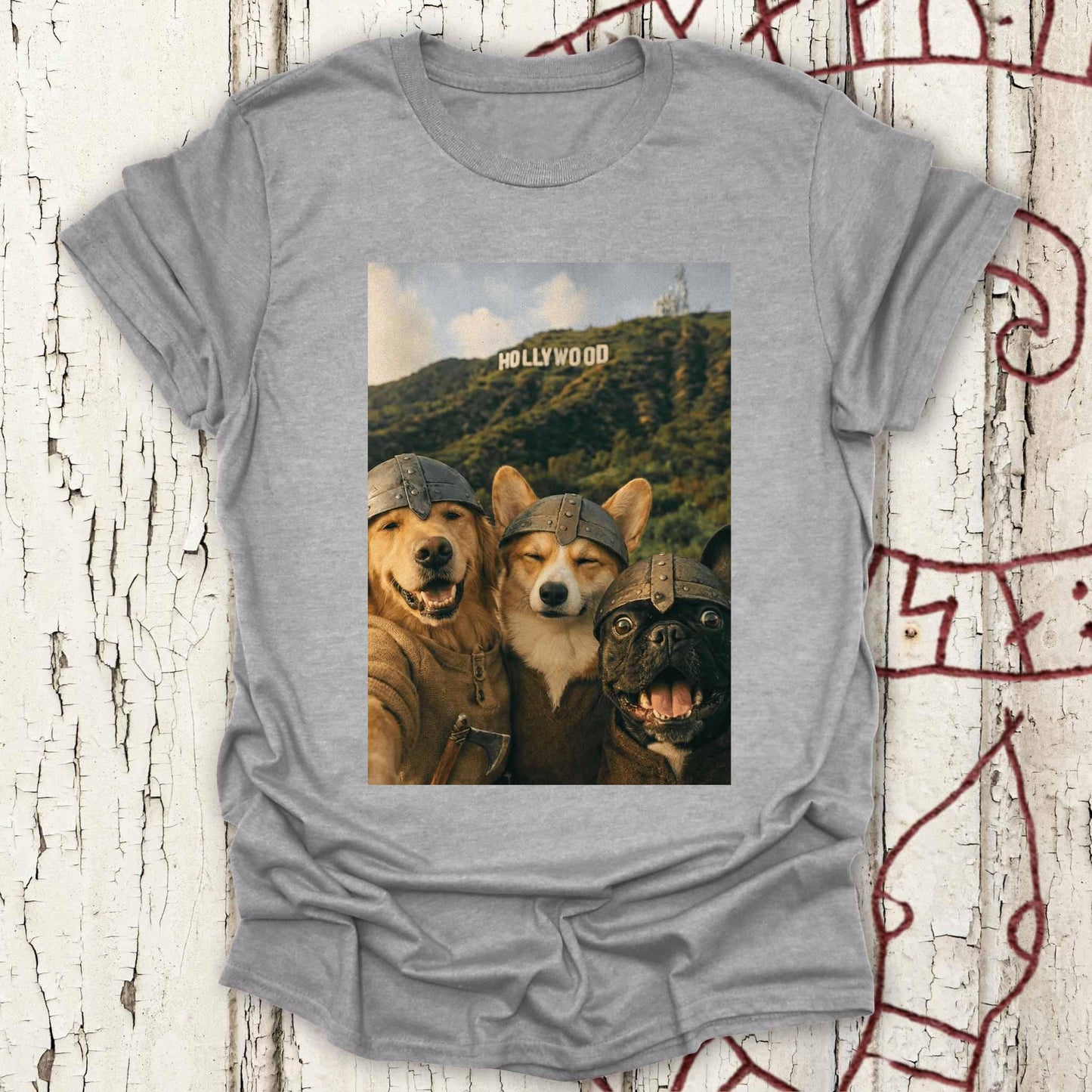 Viking Dogs Retro Selfie Photo Style - Hollywood Sign T-shirt