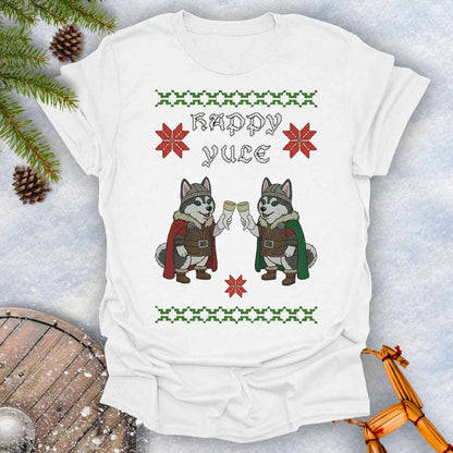 White T-Shirt Christmas sweater style and Nordic pattern with Viking Huskies Graphic. Text 'Happy Yule'.
