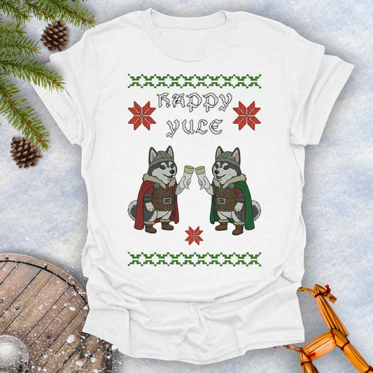 White T-Shirt Christmas sweater style and Nordic pattern with Viking Huskies Graphic. Text 'Happy Yule'.