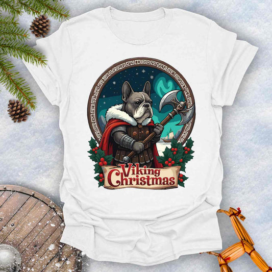 White t-shirt with a Viking-themed Christmas design featuring a Viking Bulldog in armor with Northern lights behind it.