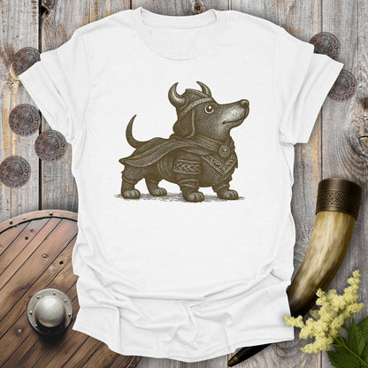 White t-shirt with a Viking-themed dachshund brown graphic on a wooden background.