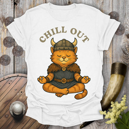 White t-shirt with a orange tabby cat wearing a Viking helmet meditating and 'Chill Out' text.