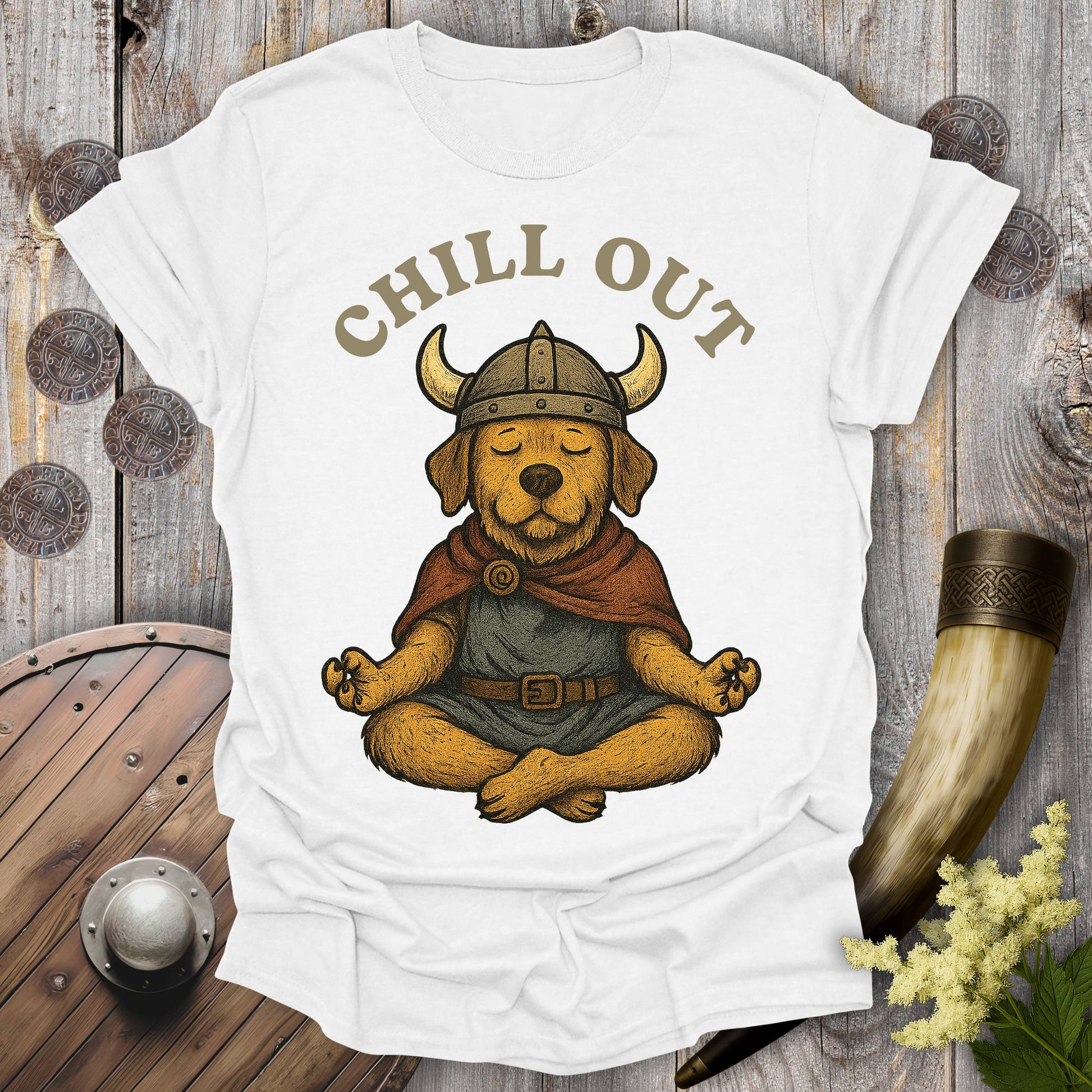 White t-shirt with a Viking dog wearing a Viking helmet meditating and 'Chill Out' text.