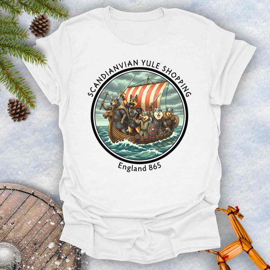 White t-shirt with Viking ship with dogs graphic and text Scandinavian Yule Shopping England 865