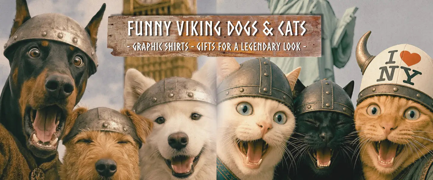 A promotional graphic banner featuring five funny pet portraits wearing Viking helmets and hats, with a central wooden sign reading 'FUNNY VIKING DOGS & CATS - GRAPHIC SHIRTS - GIFTS FOR A LEGENDARY LOOK'.