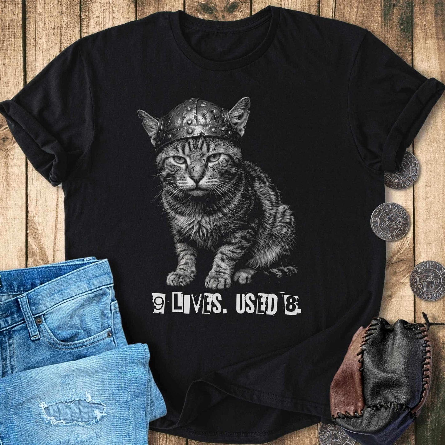T-Shirt 9 Lives Used 8 - Ransome Note Viking Cat T-shirt Unisex Sizes S-2XL Funny Shirt Gift