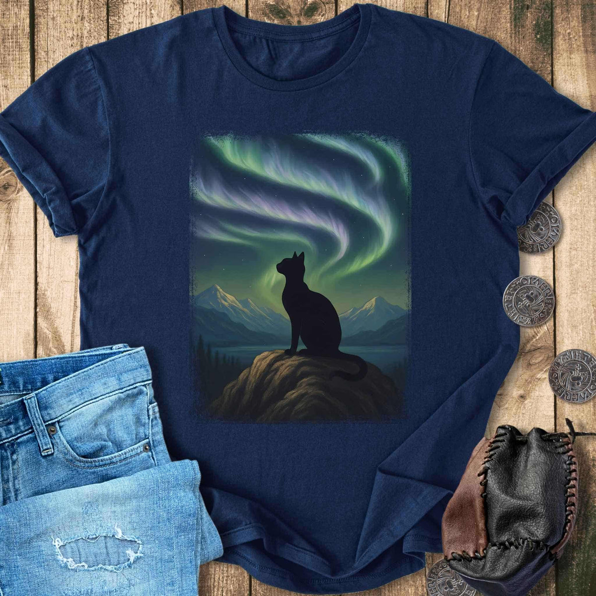 T-Shirt Black Cat & Northern Lights T-Shirt Unisex Sizes S-2XL Funny Shirt Gift