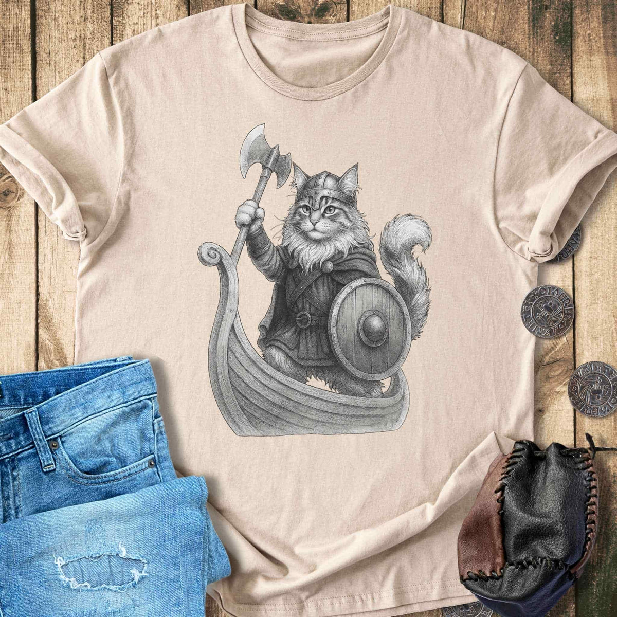 T-Shirt Cat in a Longship - Viking T-shirt Unisex Sizes S-2XL Funny Shirt Gift