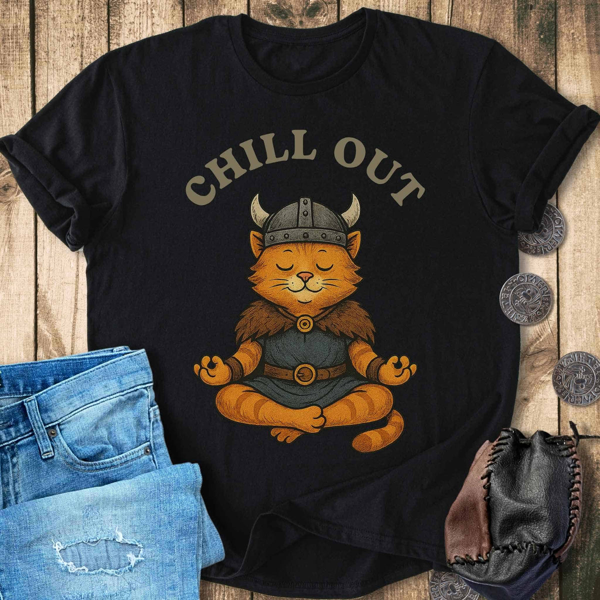 T-Shirt Chill Out - Viking Cat Meditation T-shirt Unisex Sizes S-2XL Funny Shirt Gift