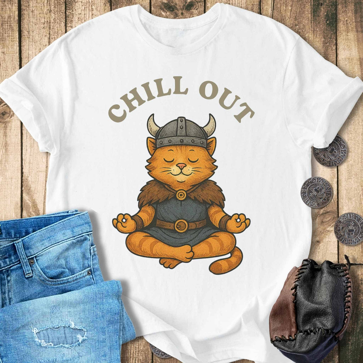 T-Shirt Chill Out - Viking Cat Meditation T-shirt Unisex Sizes S-2XL Funny Shirt Gift