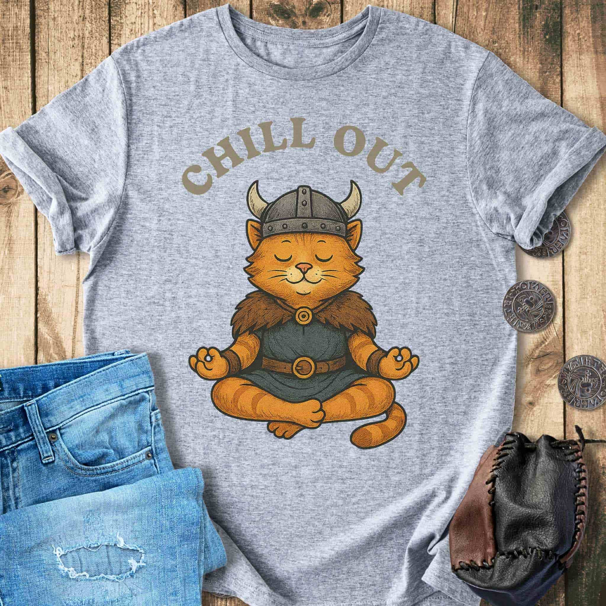 T-Shirt Chill Out - Viking Cat Meditation T-shirt Unisex Sizes S-2XL Funny Shirt Gift