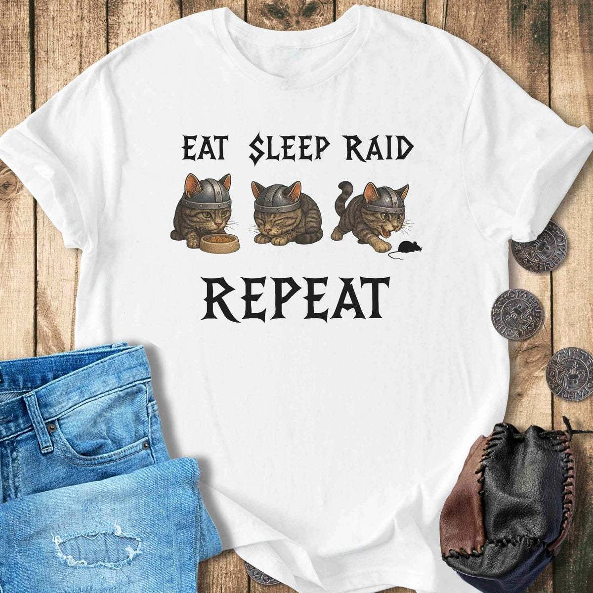 T-Shirt Eat Sleep Raid Repeat - Viking Cat T-shirt Unisex Sizes S-2XL Funny Shirt Gift