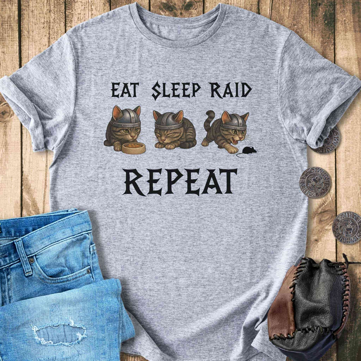 T-Shirt Eat Sleep Raid Repeat - Viking Cat T-shirt Unisex Sizes S-2XL Funny Shirt Gift