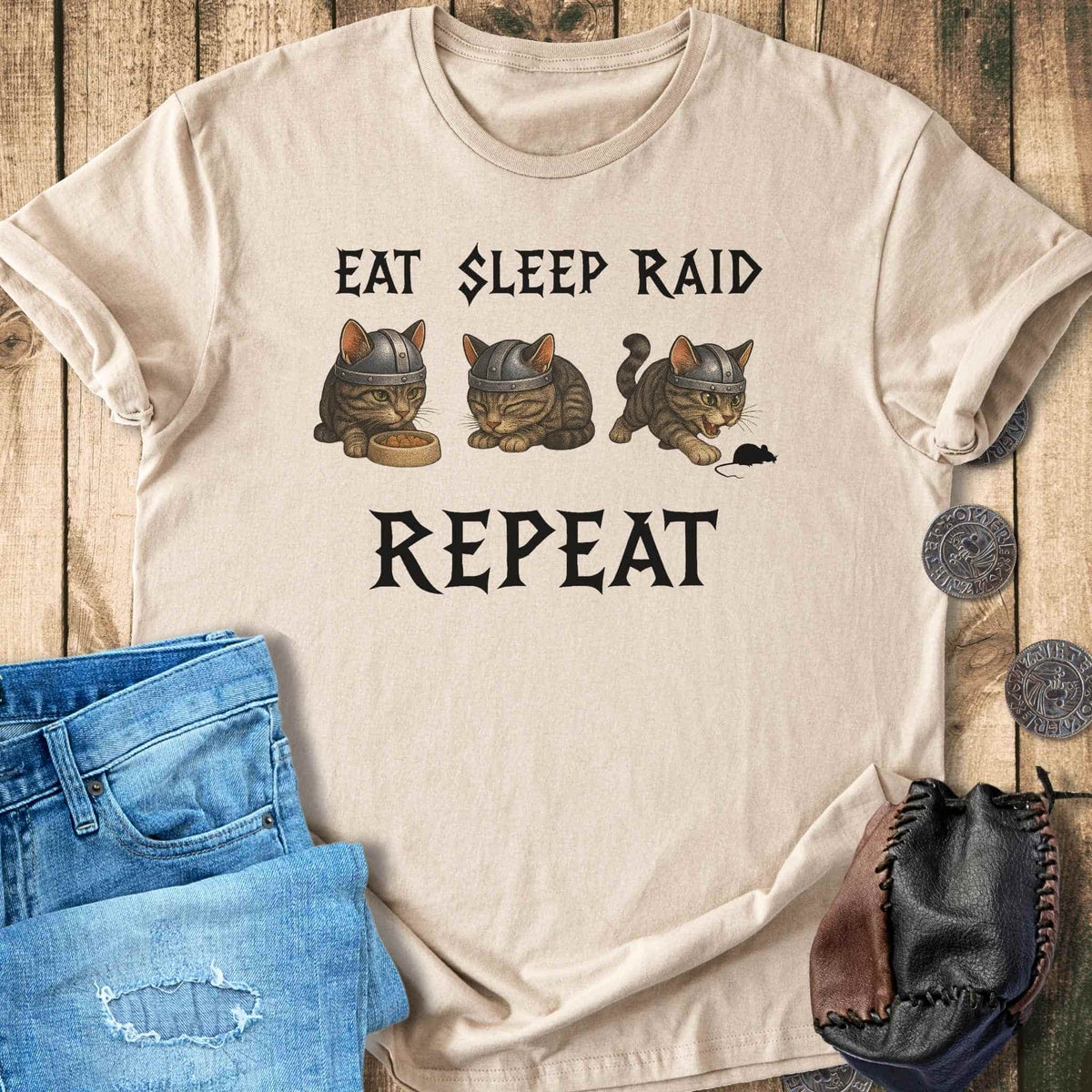 T-Shirt Eat Sleep Raid Repeat - Viking Cat T-shirt Unisex Sizes S-2XL Funny Shirt Gift