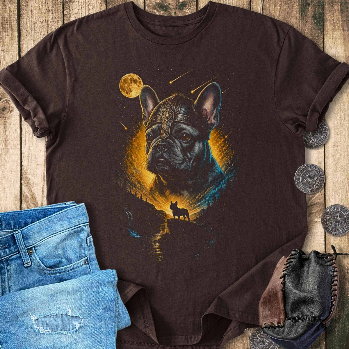 T-Shirt French Bulldog Howling at the Moon - Viking T-shirt Unisex Sizes S-2XL Funny Shirt Gift