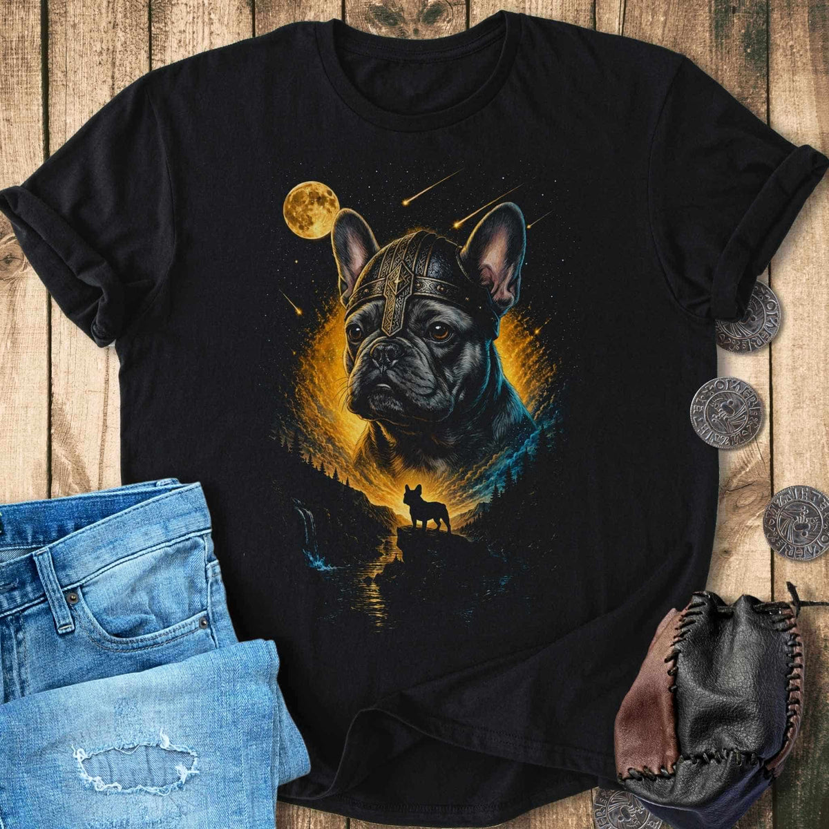 T-Shirt French Bulldog Howling at the Moon - Viking T-shirt Unisex Sizes S-2XL Funny Shirt Gift