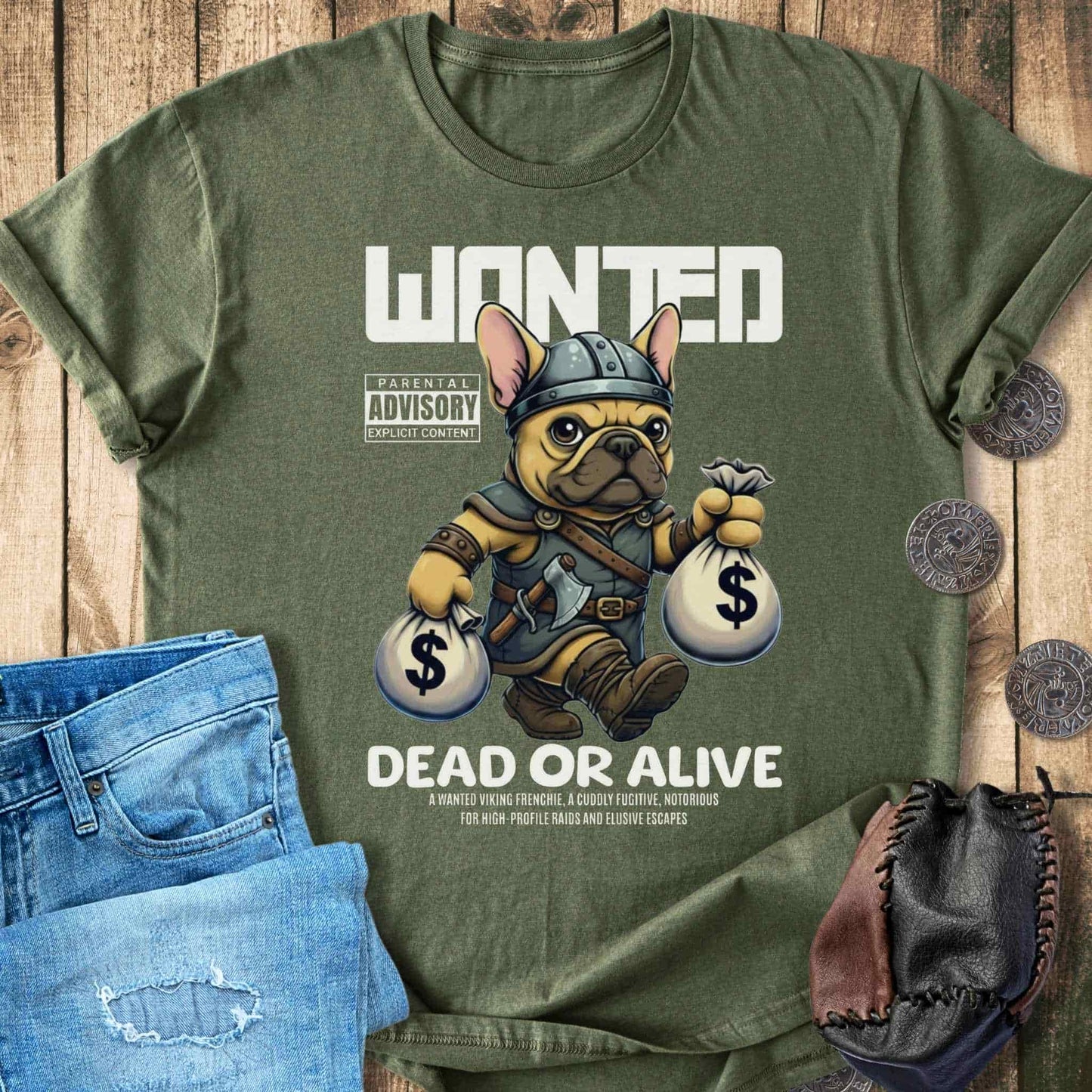 T-Shirt Frenchie Viking Wanted Dead or Alive – Funny Dog T‑shirt Unisex Sizes S-2XL Funny Shirt Gift