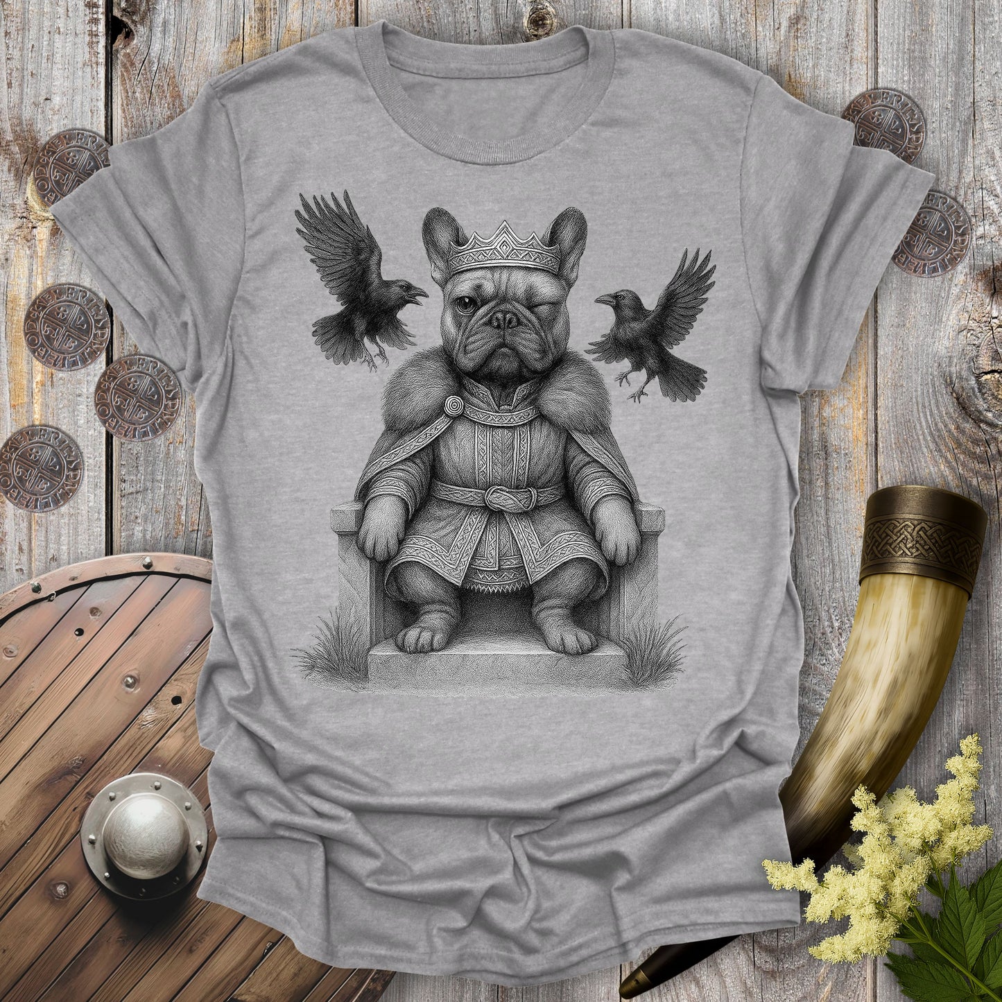 Gray Sports grey color T-shirt with Odin Aesir Bulldog Graphic and two ravens.