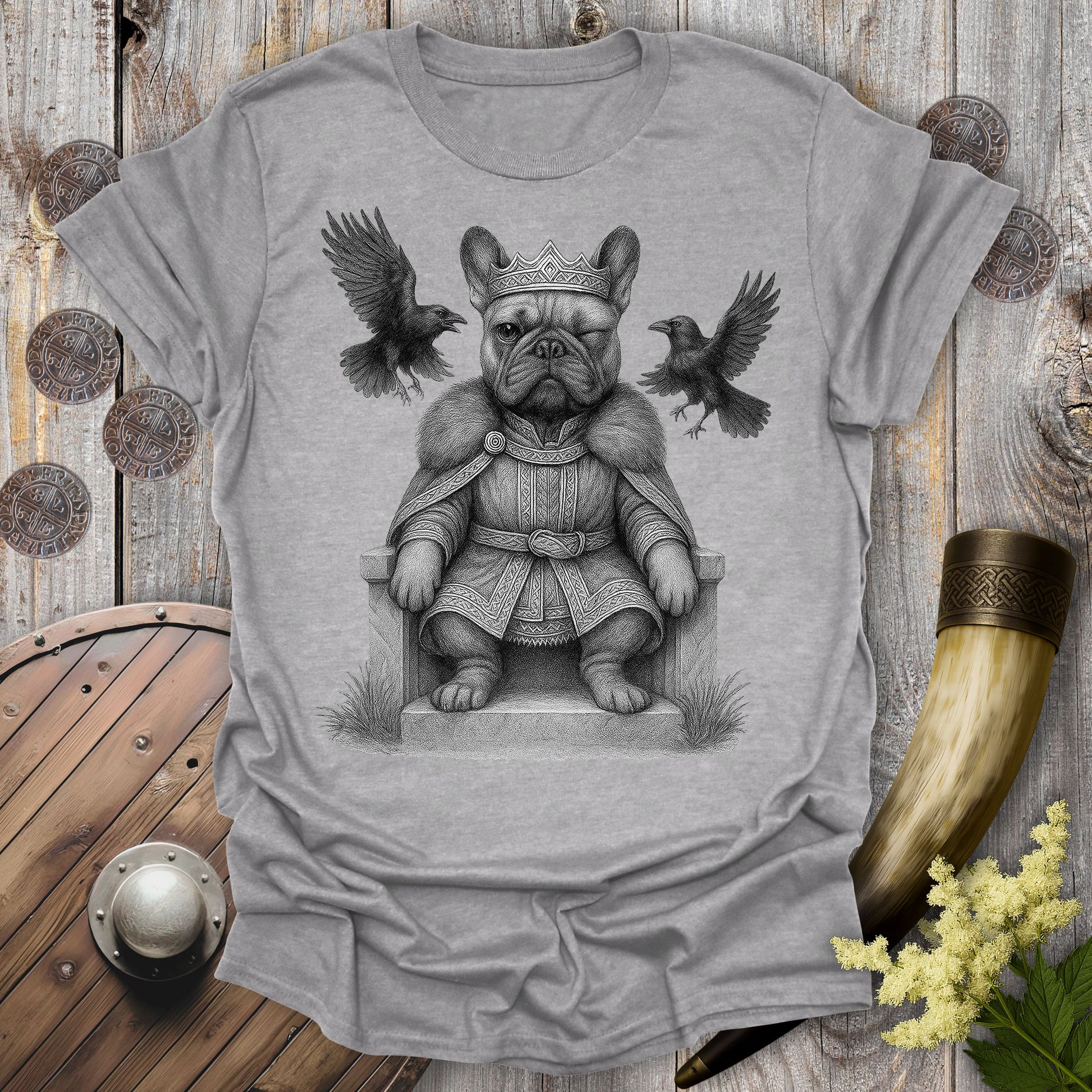 Gray Sports grey color T-shirt with Odin Aesir Bulldog Graphic and two ravens.