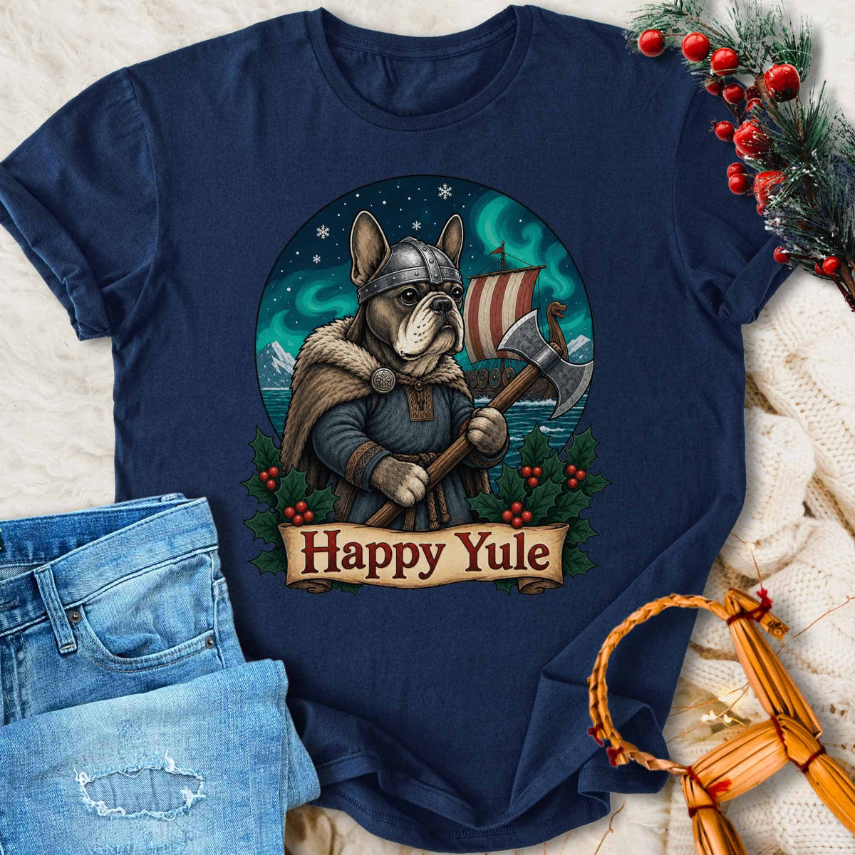 T-Shirt Happy Yule Viking Christmas - Bulldog Warrior T-shirt Unisex Sizes S-2XL Funny Shirt Gift