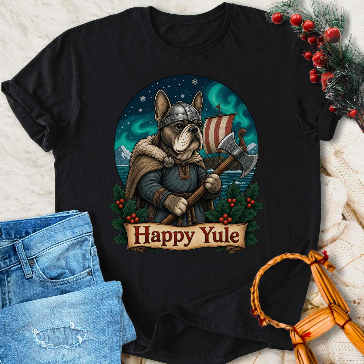 T-Shirt Happy Yule Viking Christmas - Bulldog Warrior T-shirt Unisex Sizes S-2XL Funny Shirt Gift
