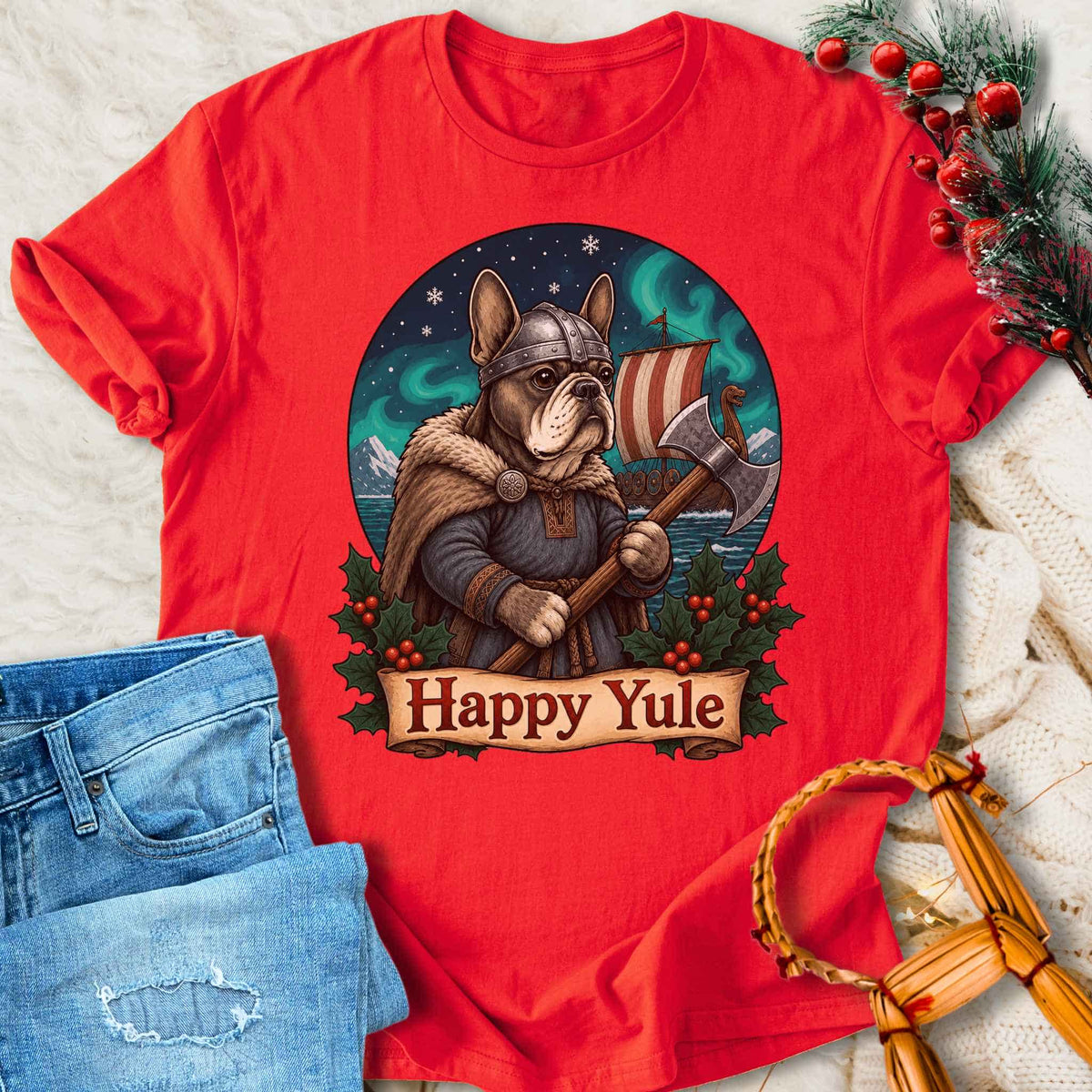 T-Shirt Happy Yule Viking Christmas - Bulldog Warrior T-shirt Unisex Sizes S-2XL Funny Shirt Gift