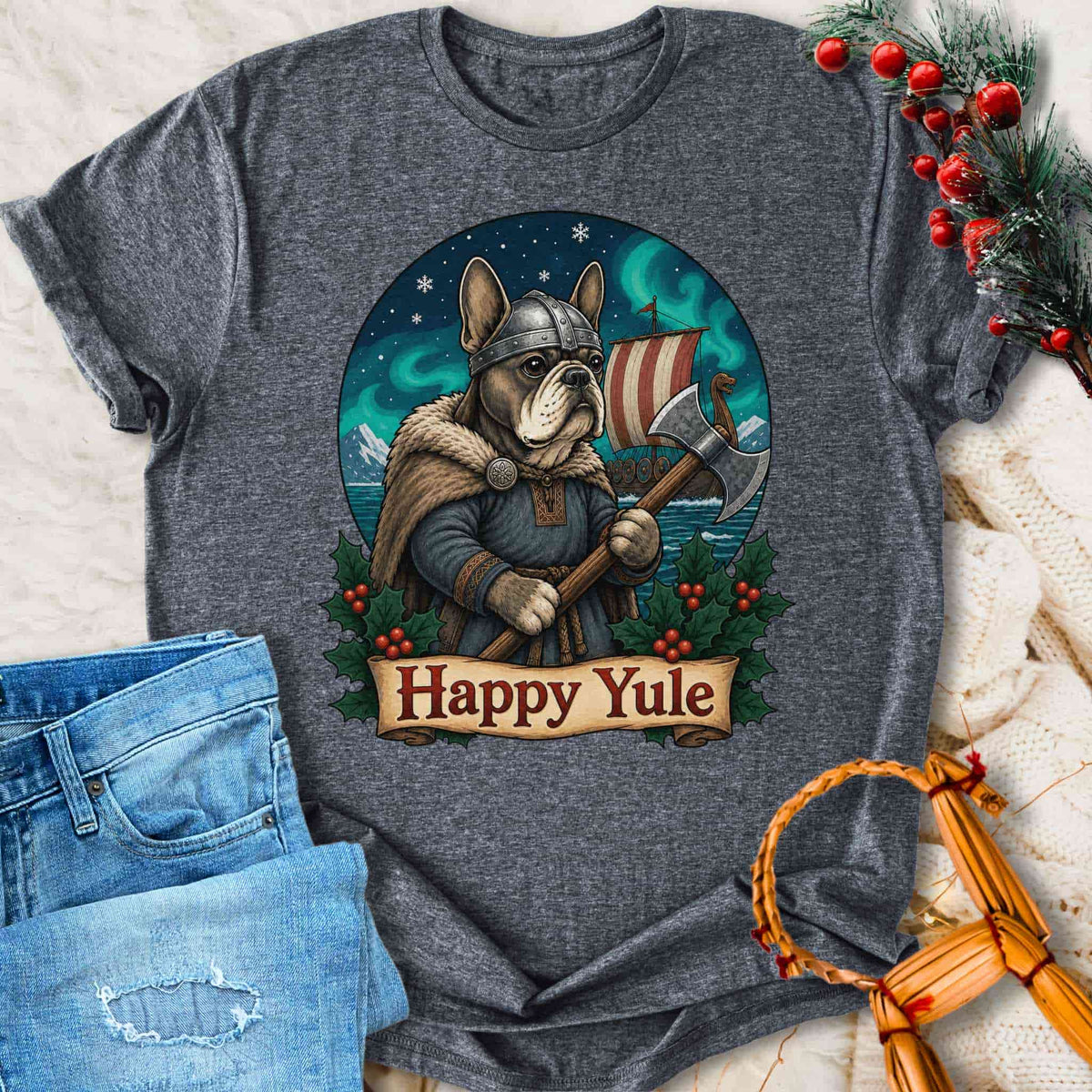 T-Shirt Happy Yule Viking Christmas - Bulldog Warrior T-shirt Unisex Sizes S-2XL Funny Shirt Gift