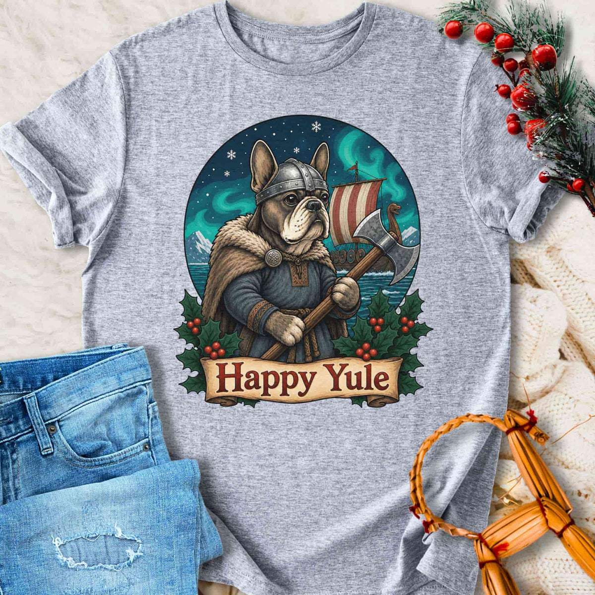 T-Shirt Happy Yule Viking Christmas - Bulldog Warrior T-shirt Unisex Sizes S-2XL Funny Shirt Gift