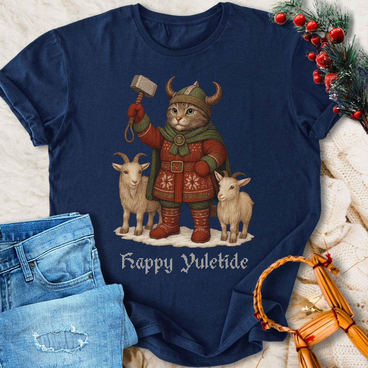 T-Shirt Happy Yuletide - Mjölnir Cat and Goats Christmas T-shirt Unisex Sizes S-2XL Funny Shirt Gift