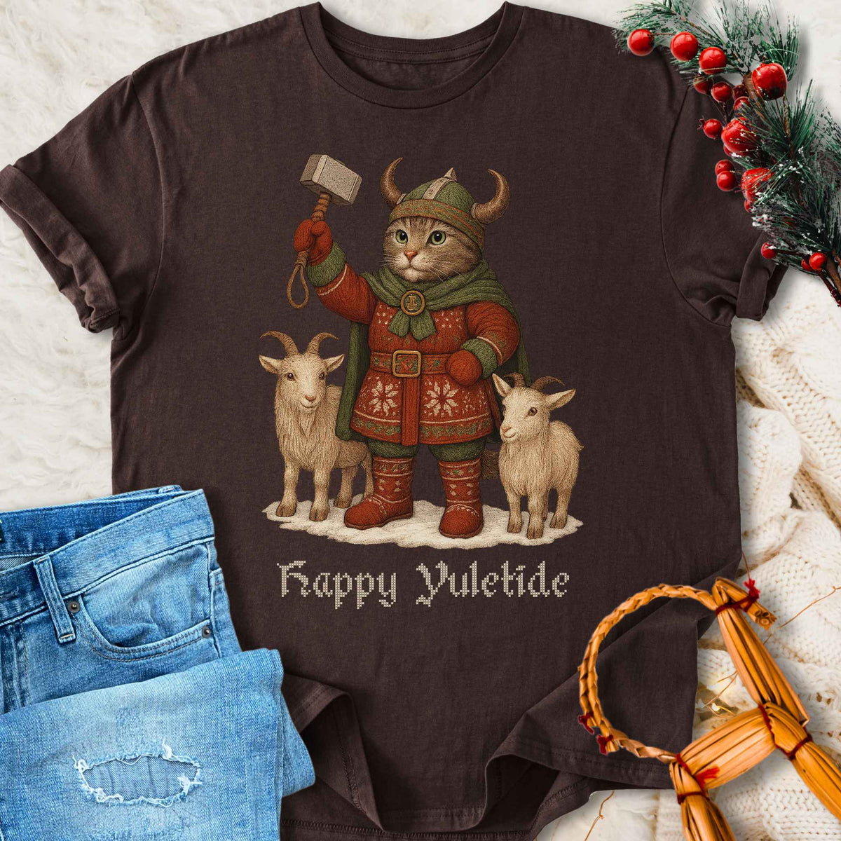 T-Shirt Happy Yuletide - Mjölnir Cat and Goats Christmas T-shirt Unisex Sizes S-2XL Funny Shirt Gift