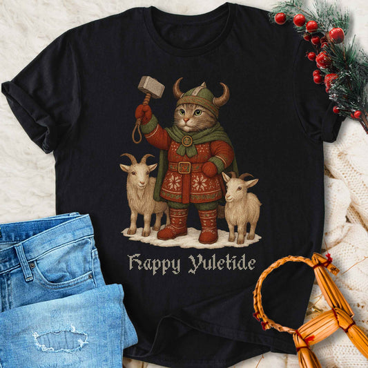 T-Shirt Happy Yuletide - Mjölnir Cat and Goats Christmas T-shirt Unisex Sizes S-2XL Funny Shirt Gift