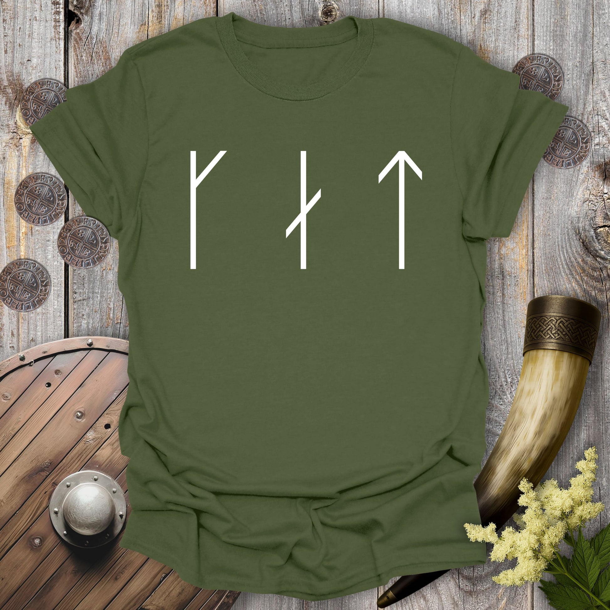T-Shirt Military Green / S CAT in Runes Minimalist T-Shirt