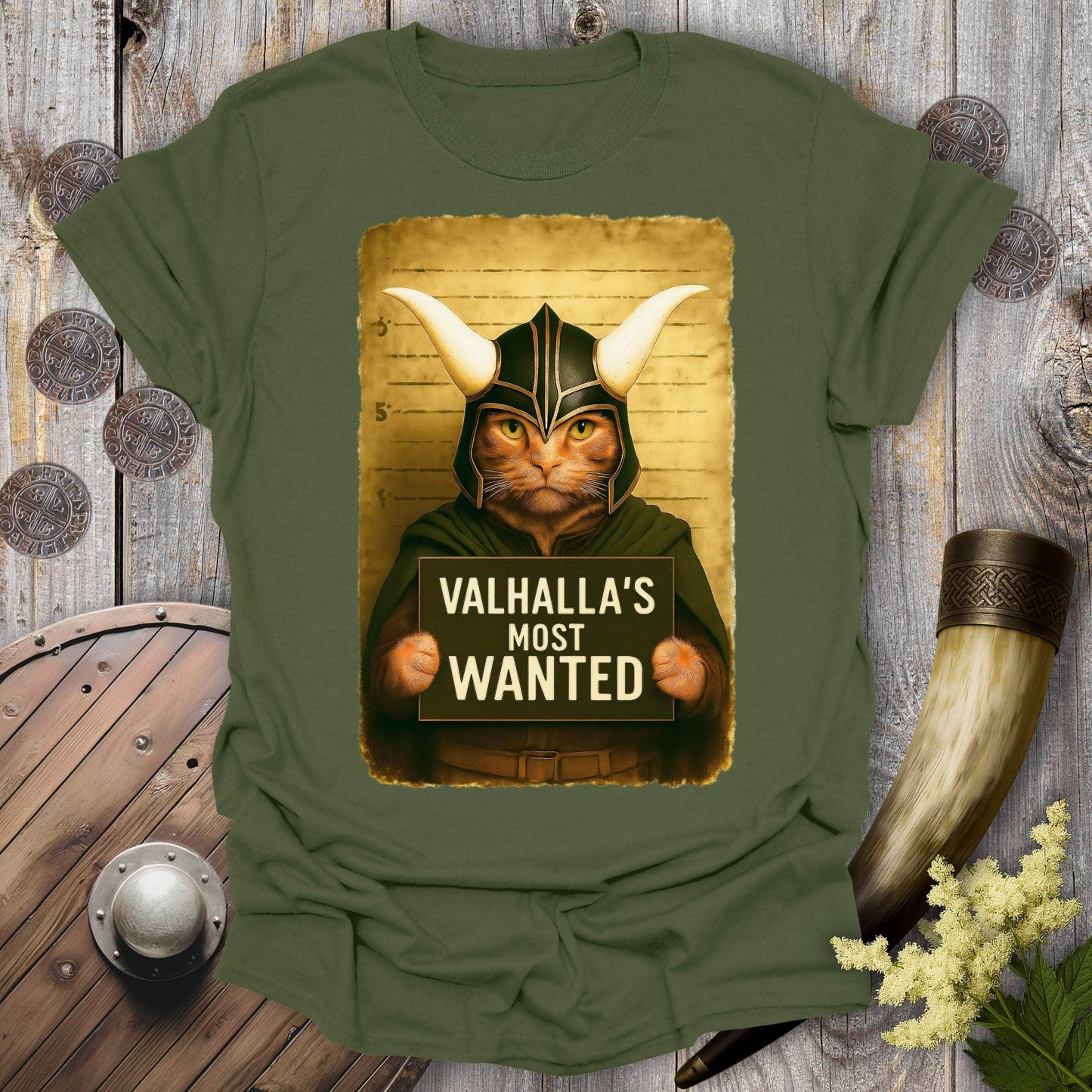 T-Shirt Military Green / S Valhalla's Most Wanted Cat Mugshot T-Shirt