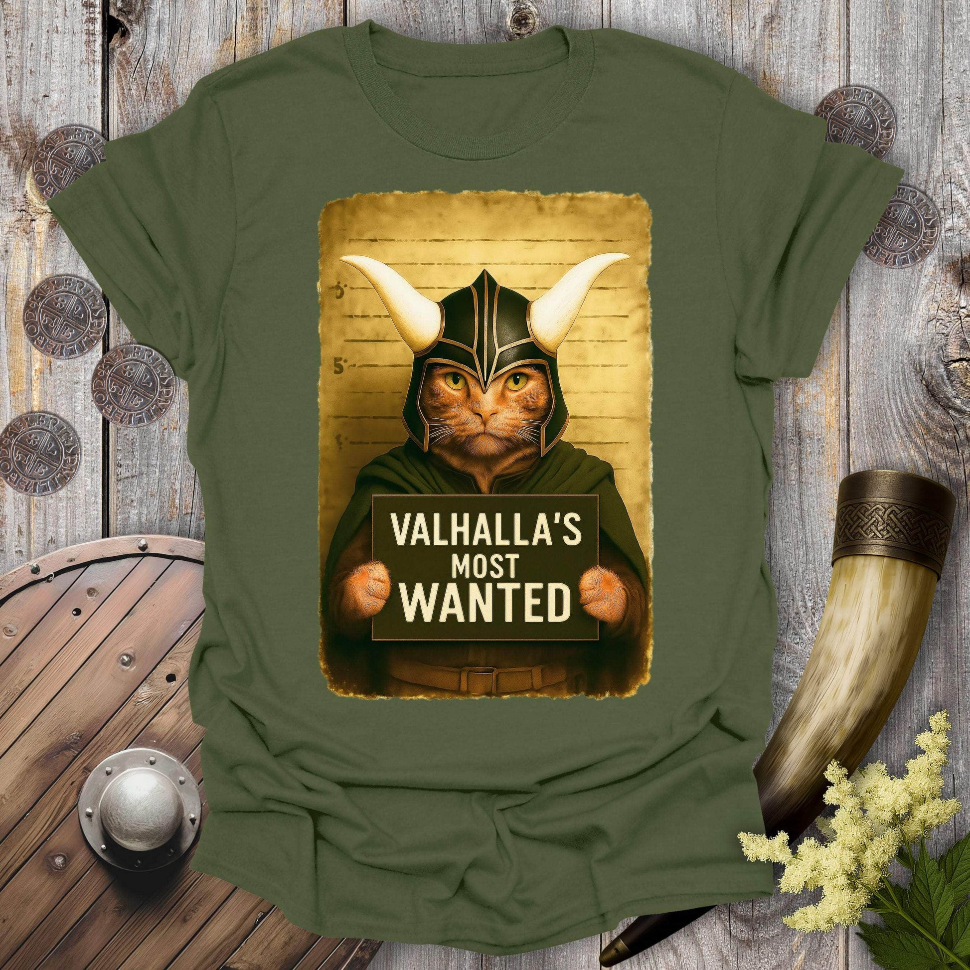 T-Shirt Military Green / S Valhalla's Most Wanted Cat Mugshot T-Shirt