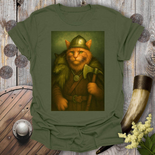 T-Shirt Military Green / S Viking Cat in Wolfskin Plaid T-Shirt