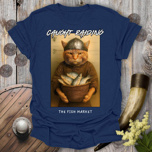 T-Shirt Navy / S Caught Raiding the Fish Market Viking Cat T-Shirt